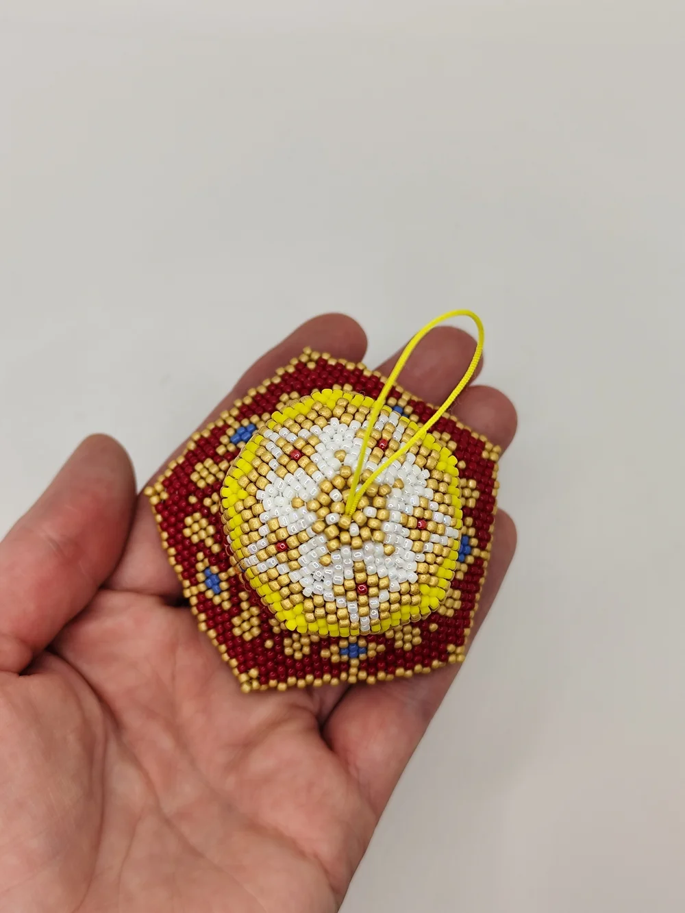Handmade Beaded Bell Ornament in Red, Yellow & White